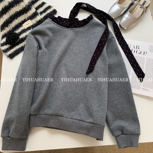 东大门韩系波点花边立体蝴蝶结简约纯色百搭卫衣9961