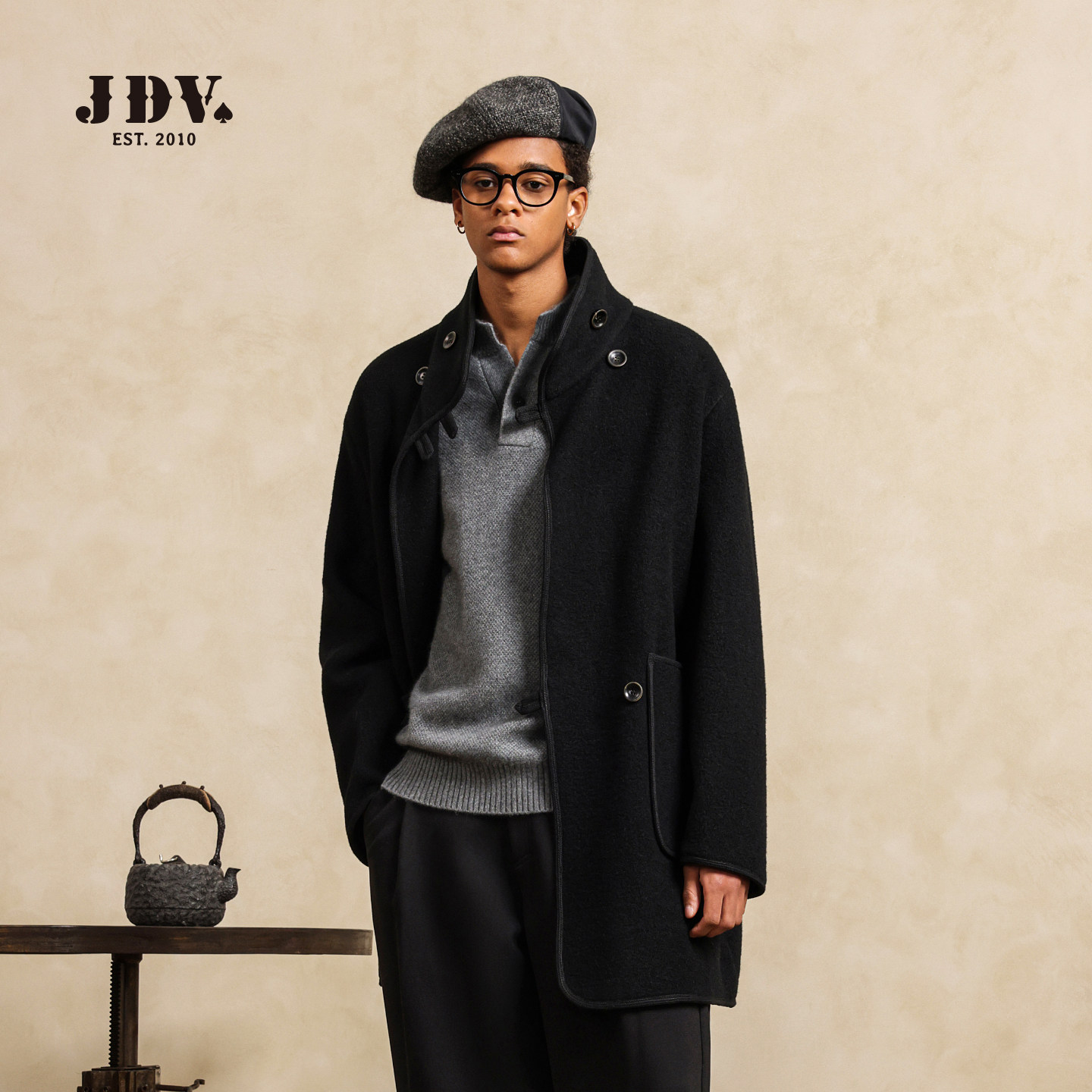 JDV男装立领宽领毛呢大衣年秋冬新款纯羊毛复古毛呢大衣男款