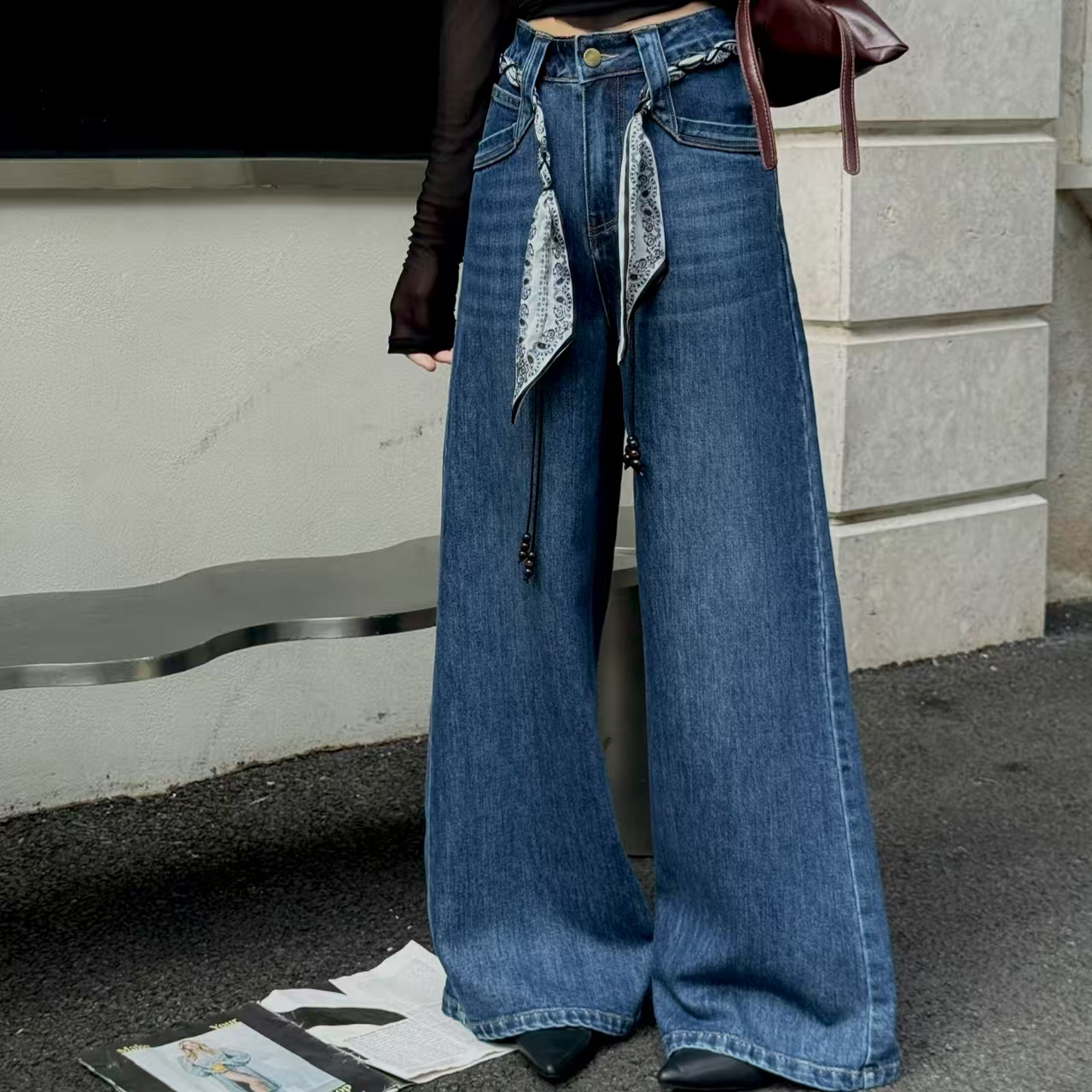 丝巾飘带减龄百搭直筒牛仔裤秋季新款时尚单品蓝色