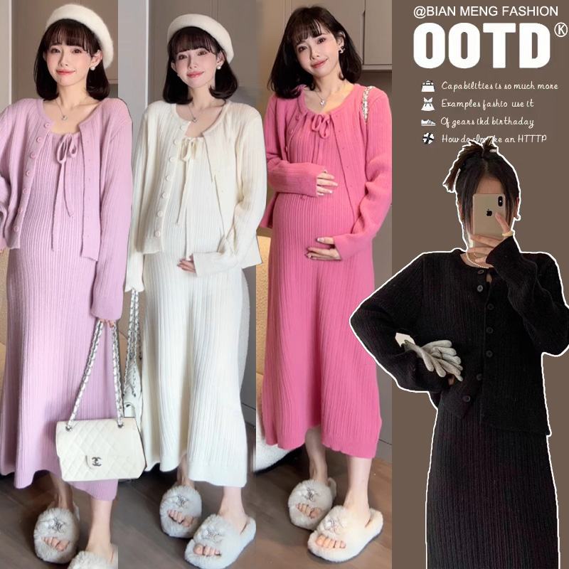 孕妇装连衣裙两件套装2025秋装新款小香风套装针织秋款女