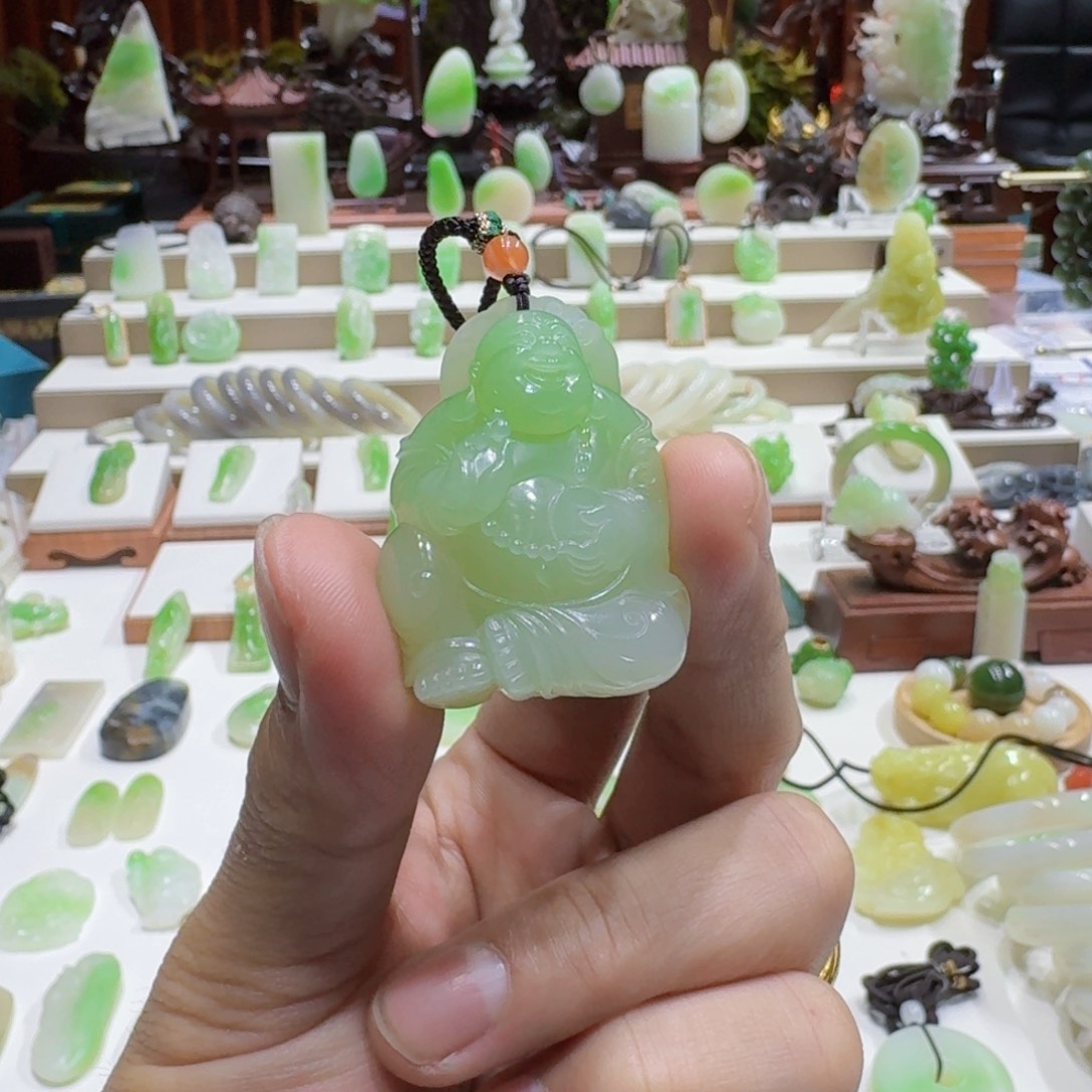 和田玉（翠青玉）未镶嵌耳饰和田玉青海翠青弥勒佛