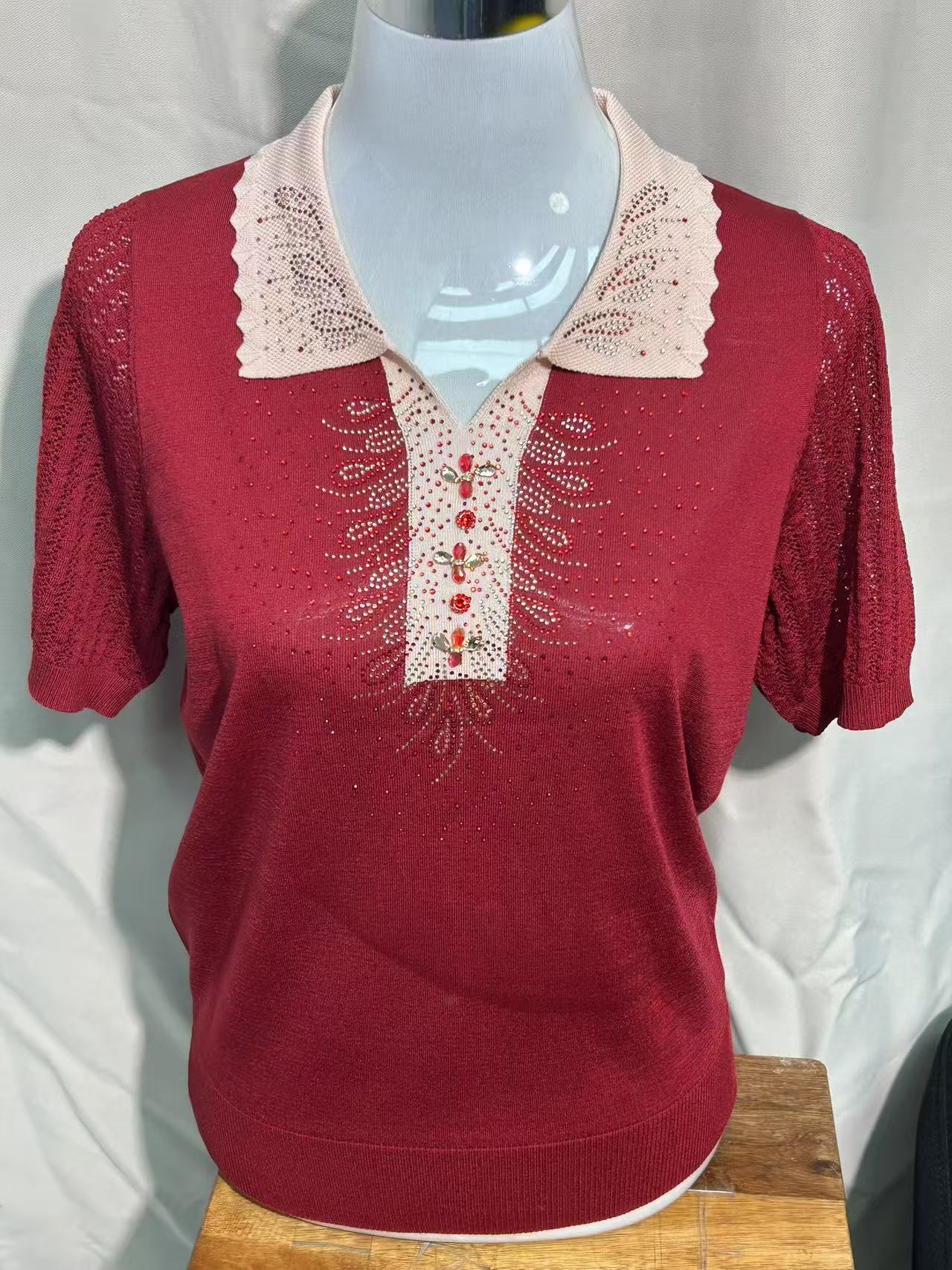 2025新款妈妈夏装短袖洋气翻领冰丝上衣中老年奶奶薄款针织T恤衫