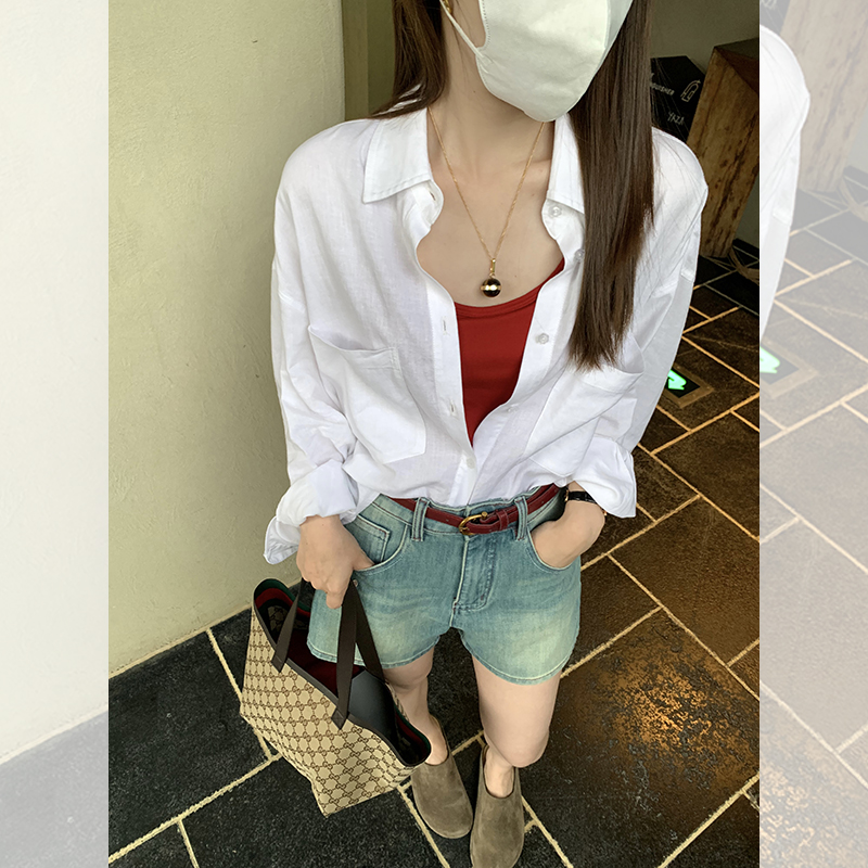 夏天白色知性老钱衬衫 凉感防晒薄外套宽松格纹衬衣 QC241057