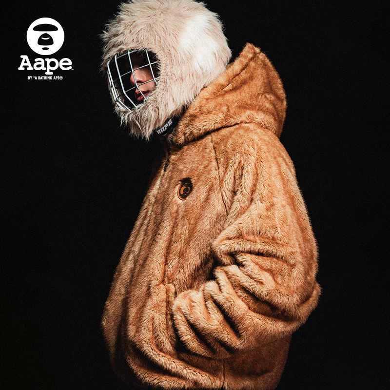 Aape旗舰店男装25秋冬猿人徽章复古潮流毛绒连帽卫衣外套C398XXP