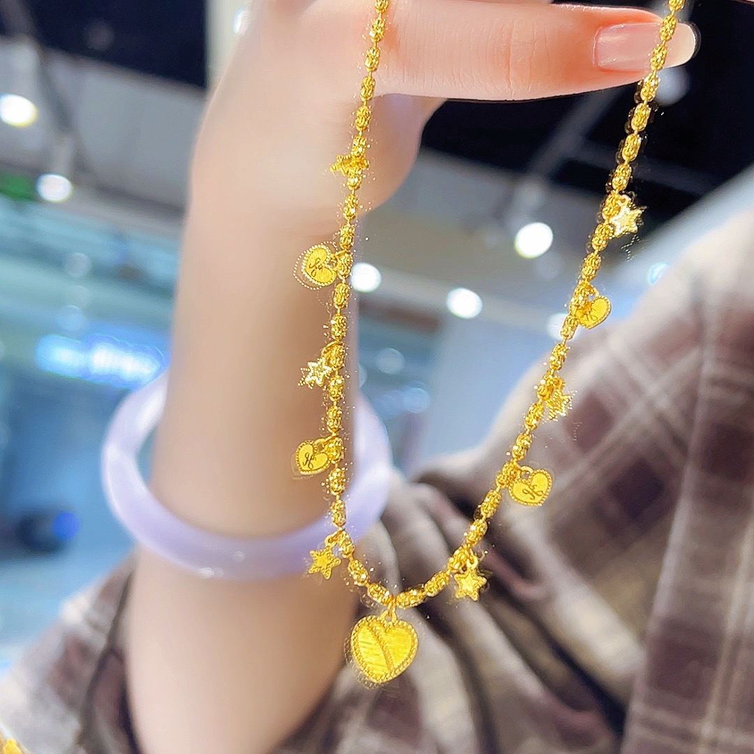 精品5G足金满目星河爱心星星流苏锁骨项链00899