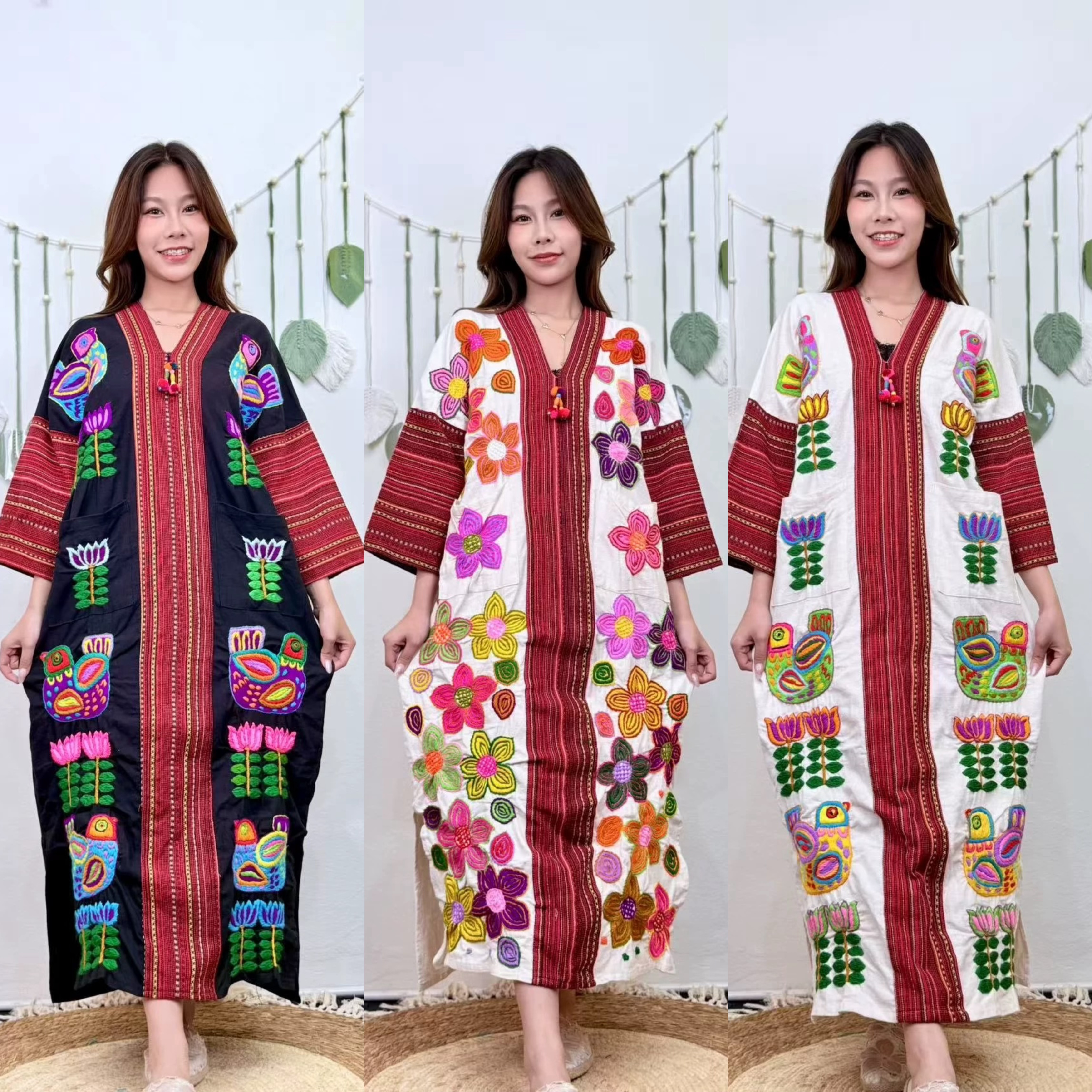 泰国清迈手工刺绣花朵拼接长袖袍子休闲连衣裙