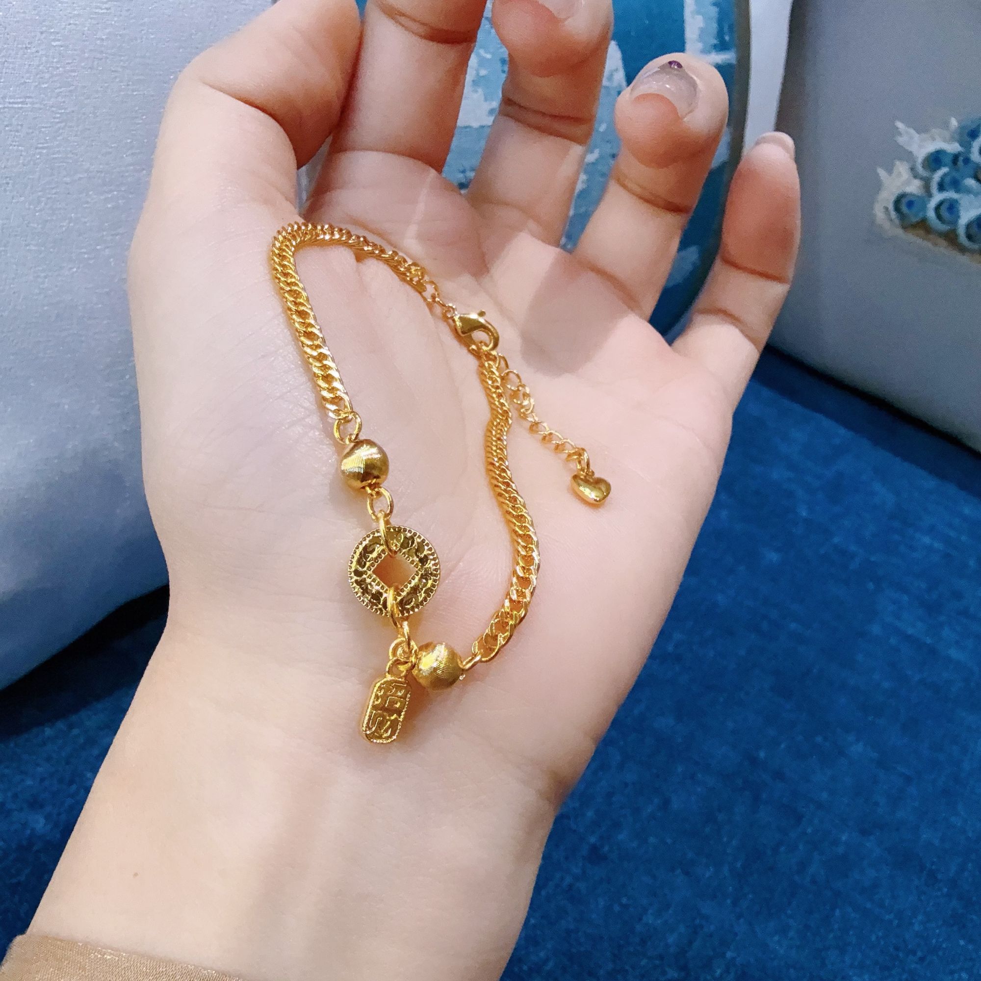 铜合金手链 佳财财(铜合金)【SL003】镀24K真金碎冰冰铜钱手链