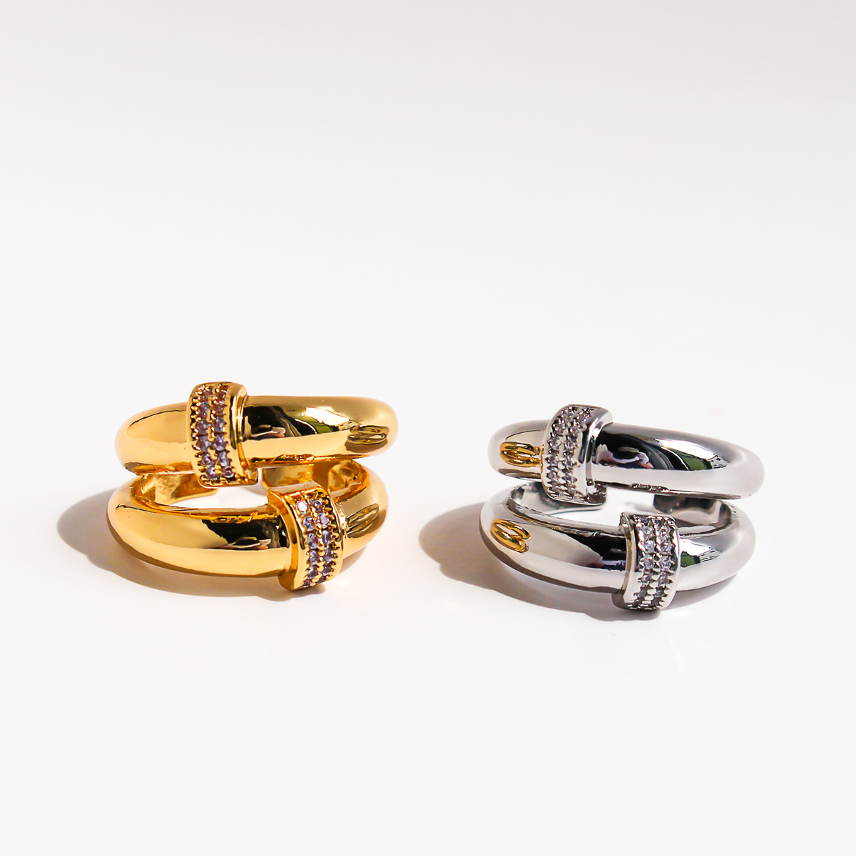 铜合金戒指 鼎溢轻奢bl 双层链条开口戒指女抛光质感叠戴圆圈关