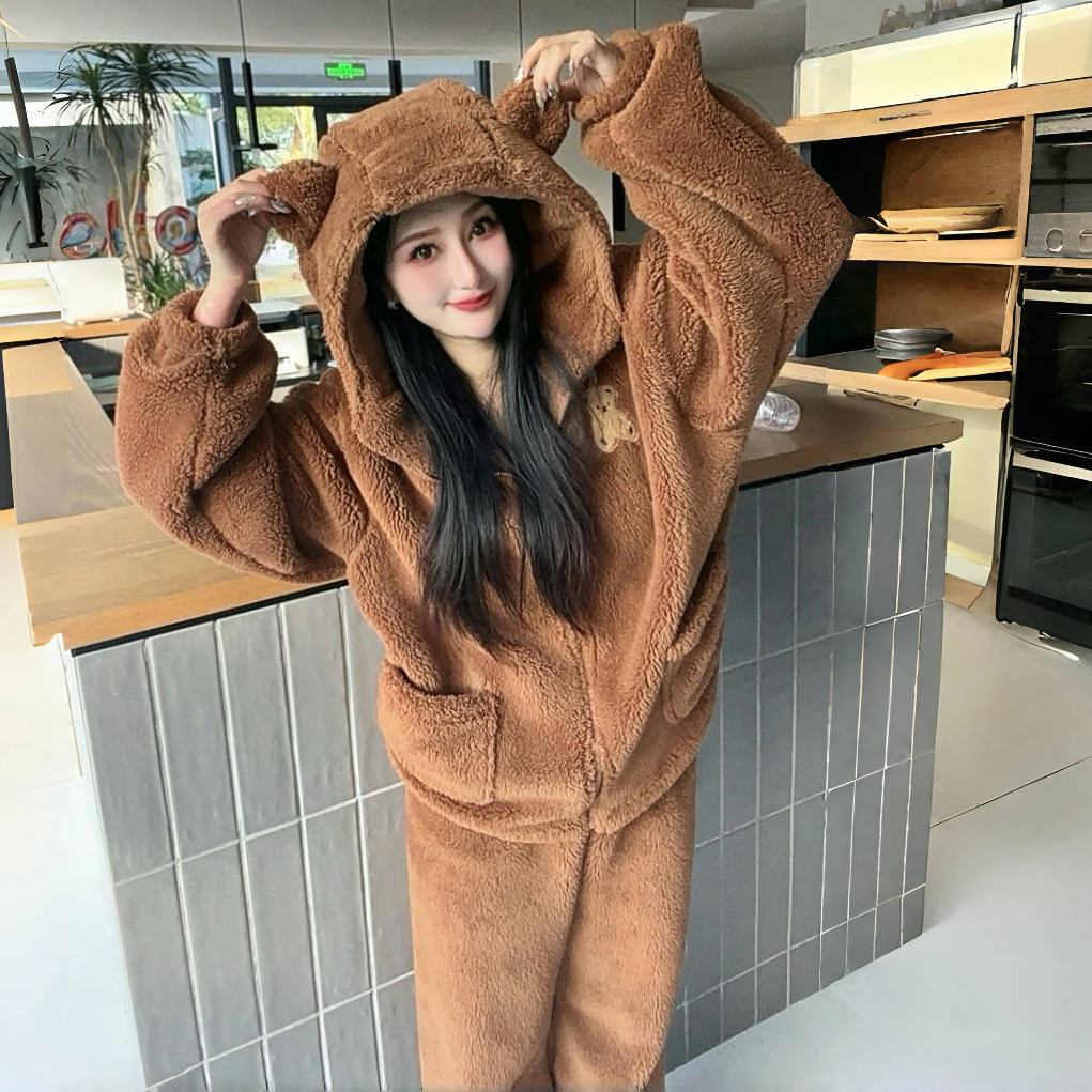 可爱珊瑚绒睡衣美拉德小熊加绒加厚连帽情侣款宽松睡衣家居服套装