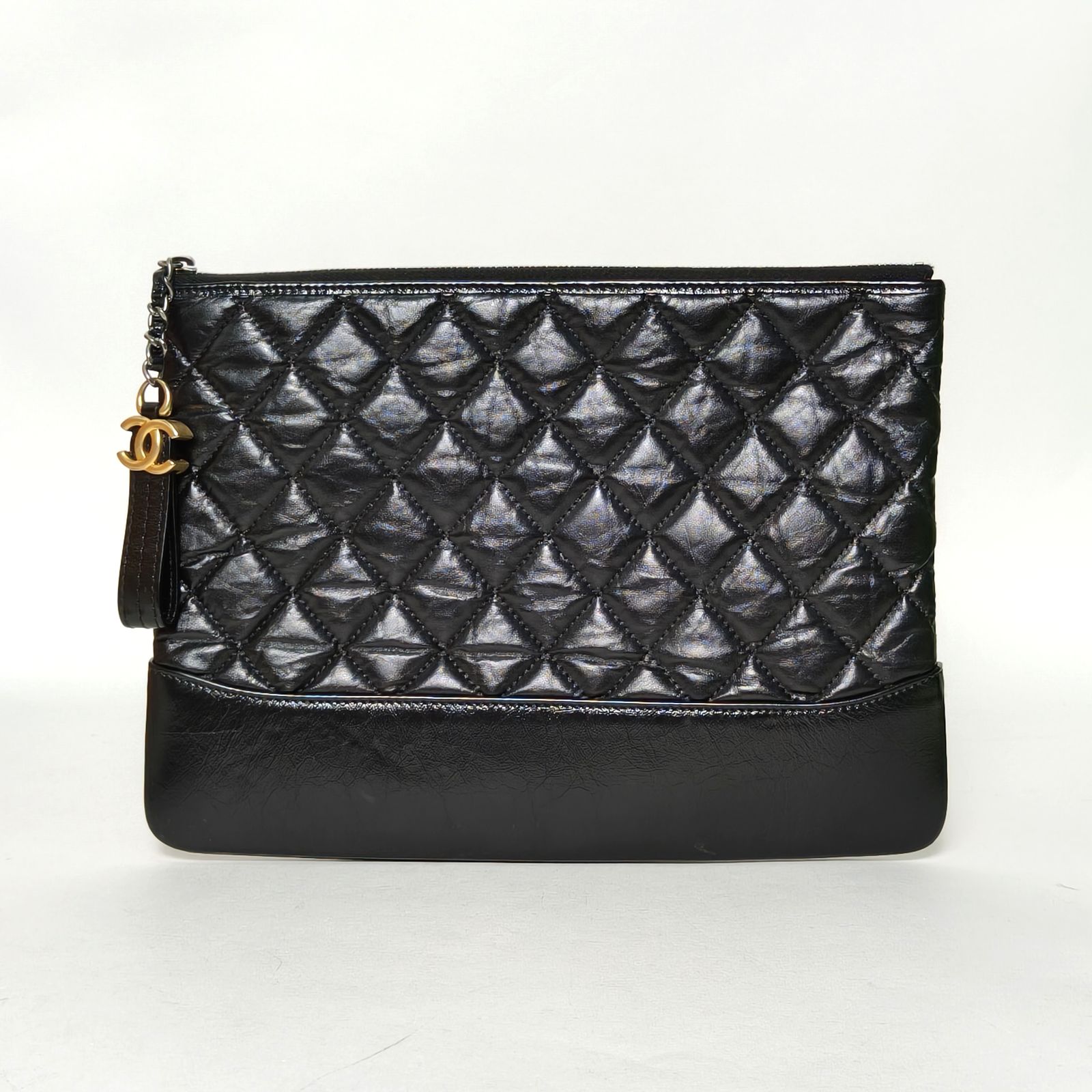 95新 Chanel/香奈儿 【黑黑】 黑色 26开 金银扣 流浪 手拿包