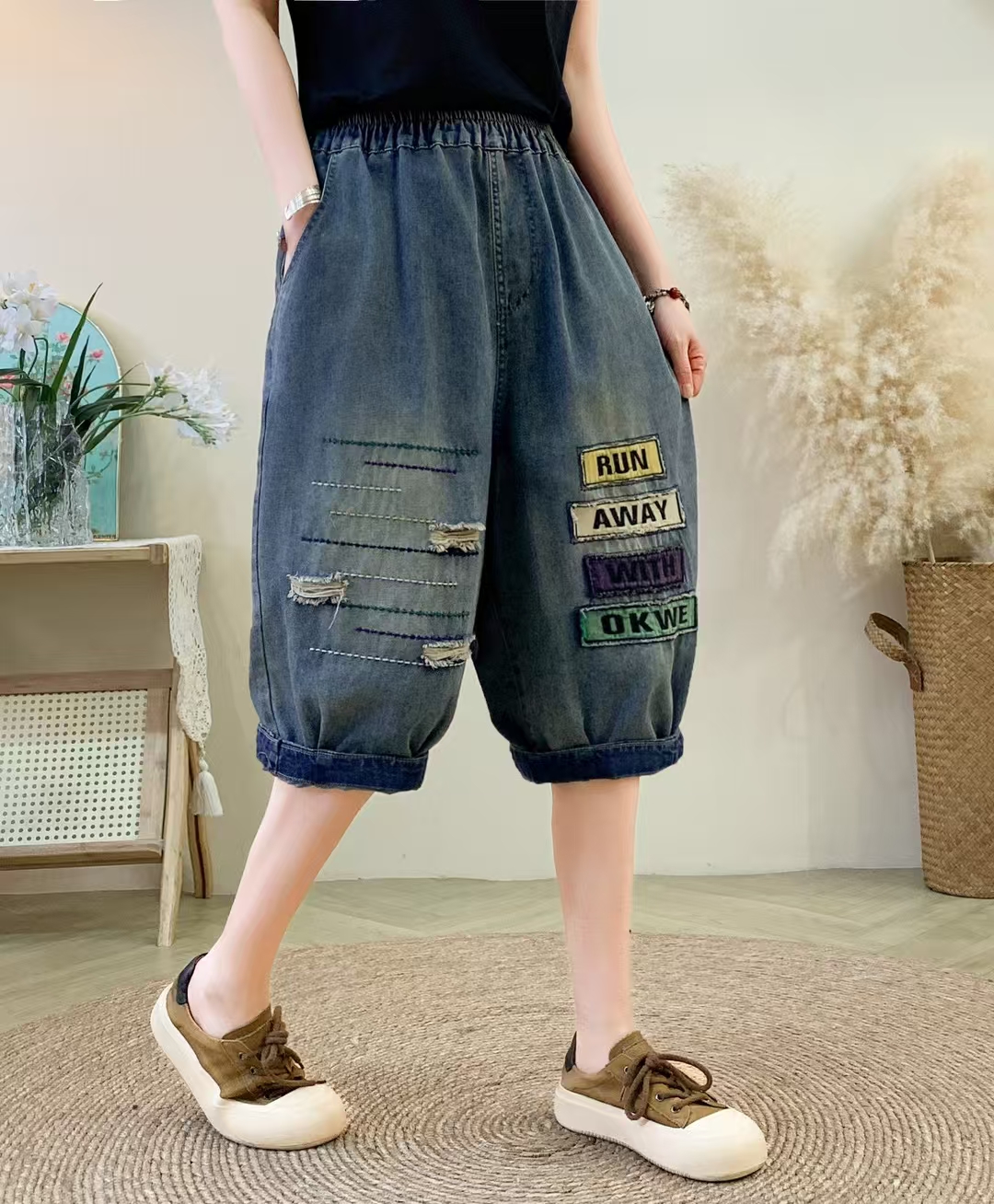 2509三色贴布夏季新款宽松休闲百搭6分牛仔裤