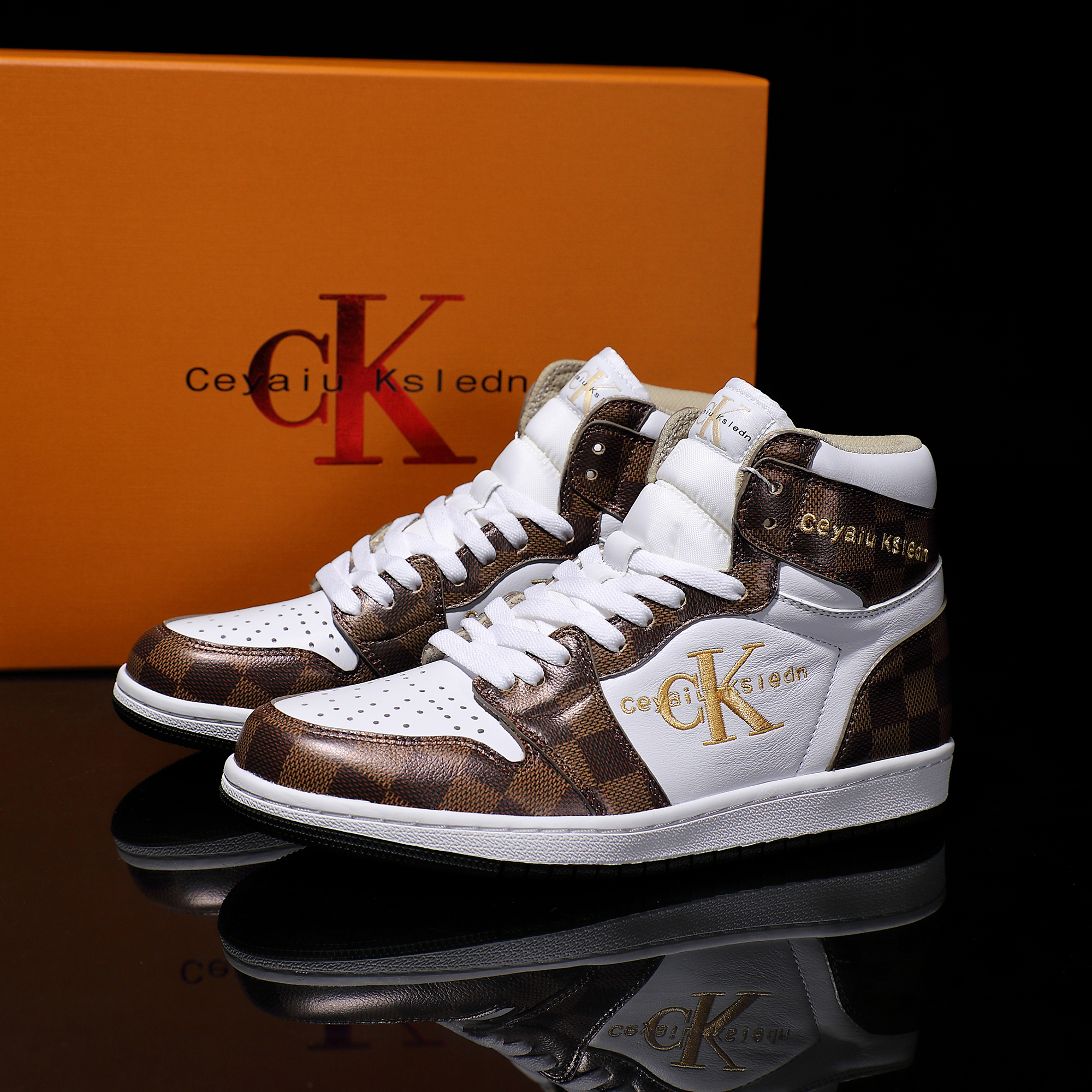 CEYAIU KSLCDN【定制】正品棋盘格真皮头层牛皮透气高帮鞋轻奢百搭