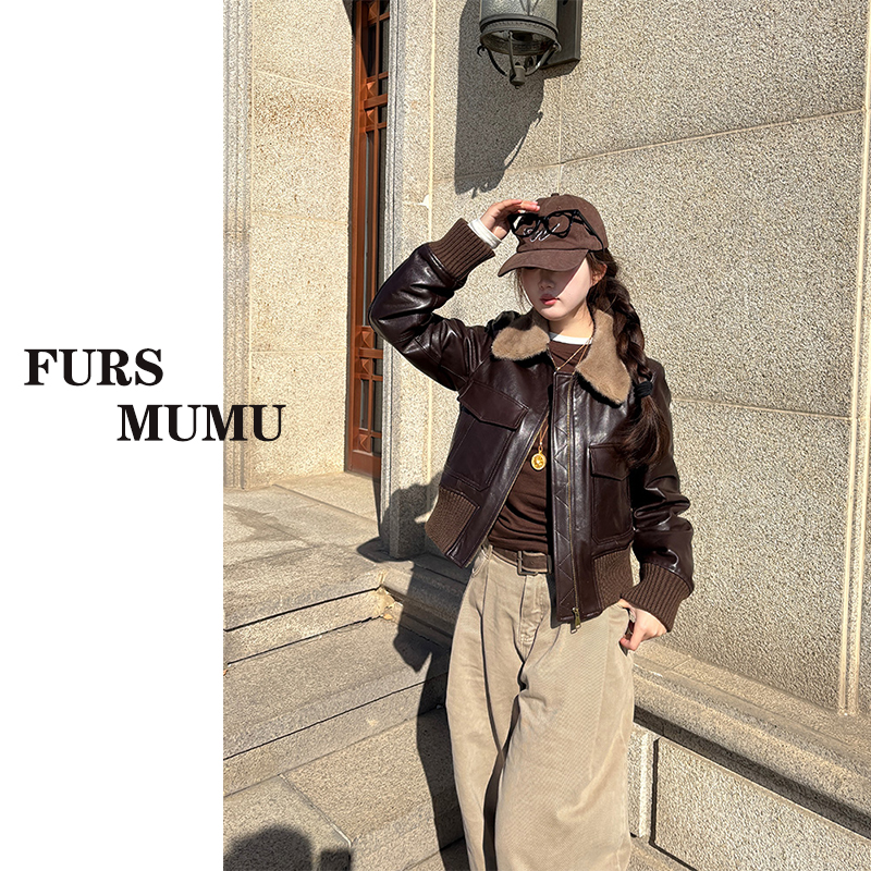 【MUMU】真皮绵羊皮鹅绒羽绒服皮衣外套女短款进口水貂毛领8601