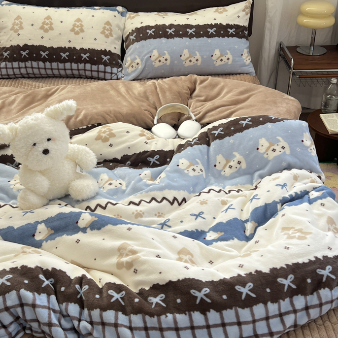 秋冬上新加厚款牛奶绒床盖床笠四件套三件套