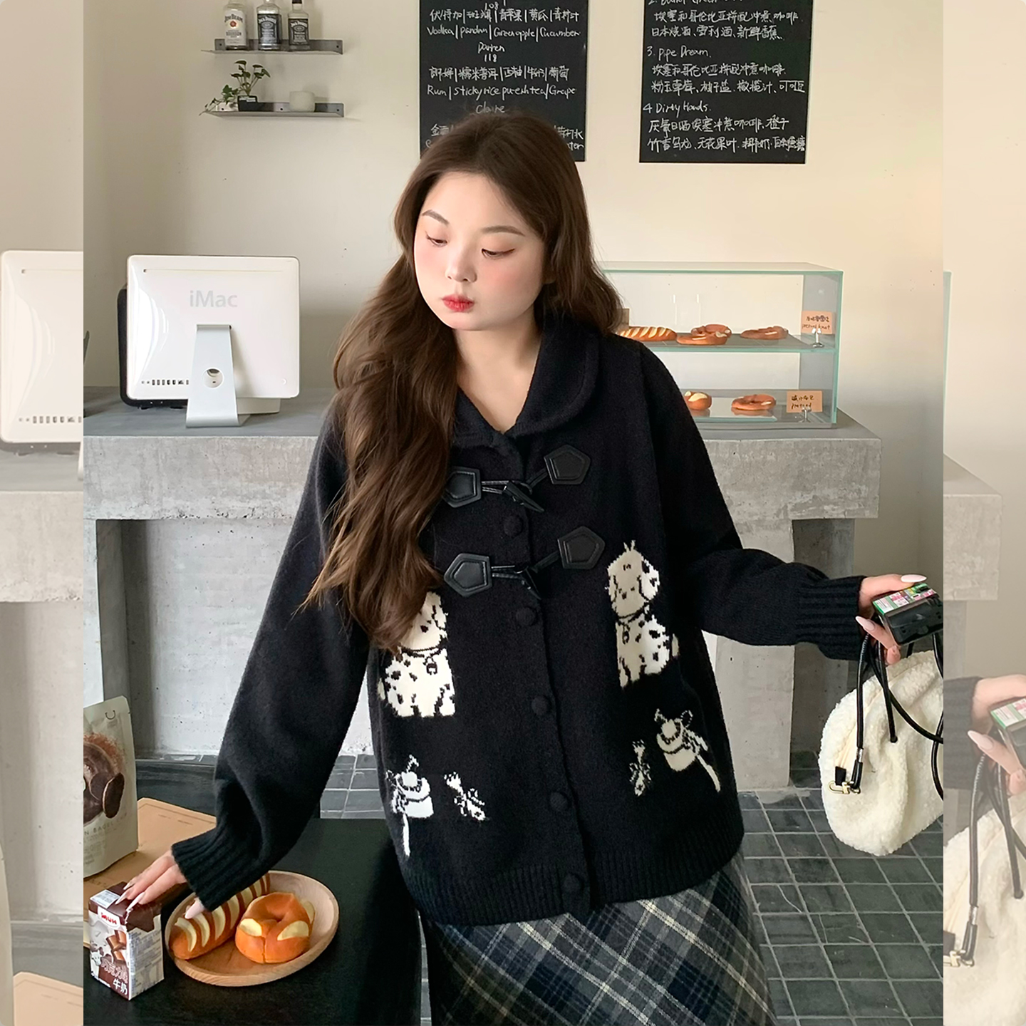 【LT STUDIO辣条大码】趣味提花牛角扣针织开衫毛衣