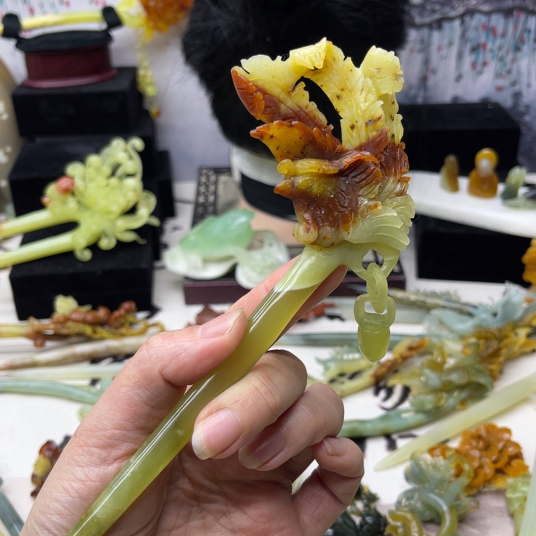 【闪购商品】蛇纹石玉发饰合金沉*