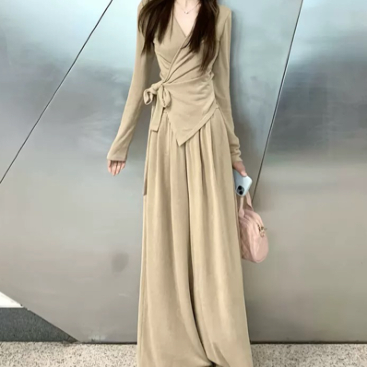 春款搭配时尚套装女v领绑带上衣休闲阔腿裤两件套