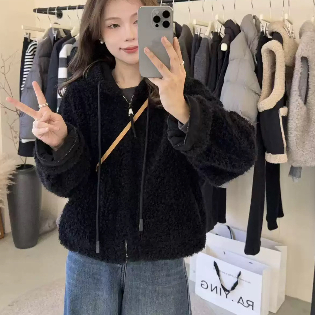 韩系连帽抽绳羔毛短外套786