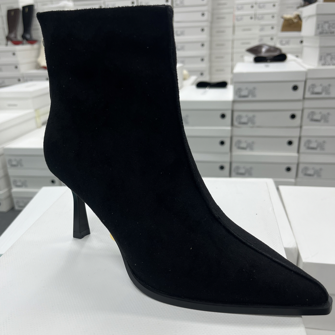 秋冬新款尖头细跟绒面弹力瘦瘦靴女显瘦短靴气质高跟时装靴55-68