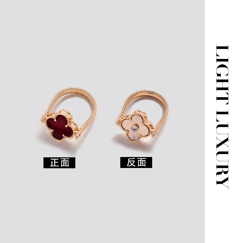 合金合成锆石戒指 238 V金工艺 红色旋转四叶花 戒指 双面 女
