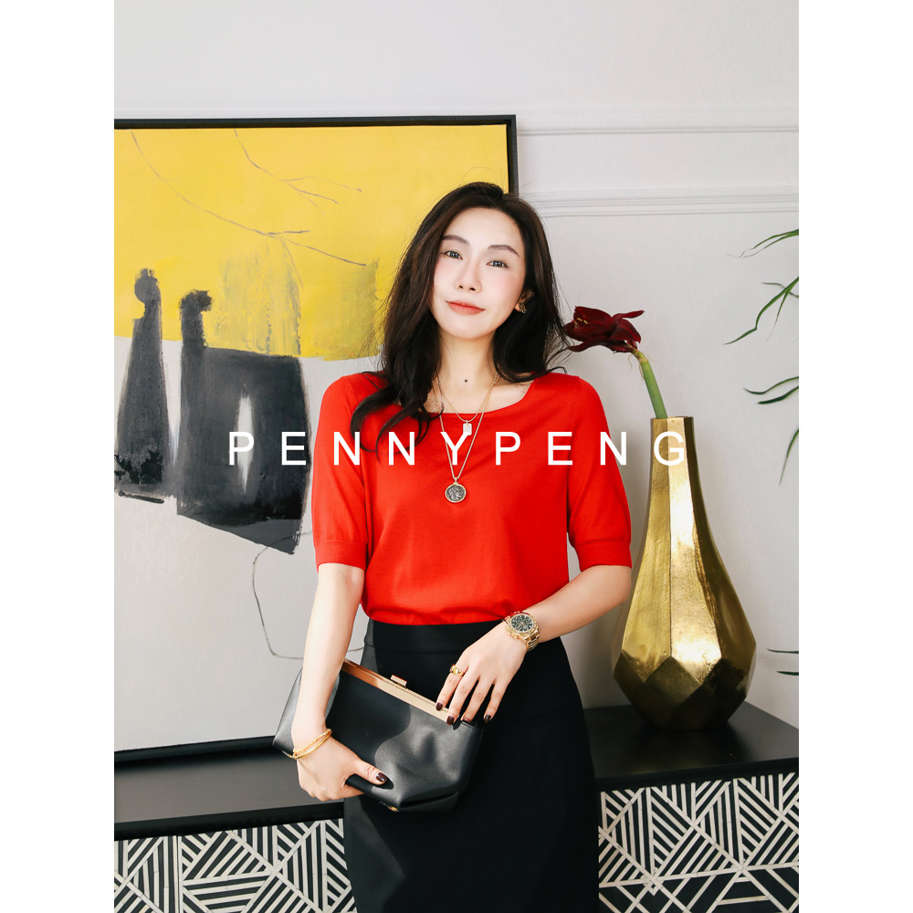 PENNYPENG 草莓奶昔春季休闲显瘦百搭宽松绒绒双色针织上衣