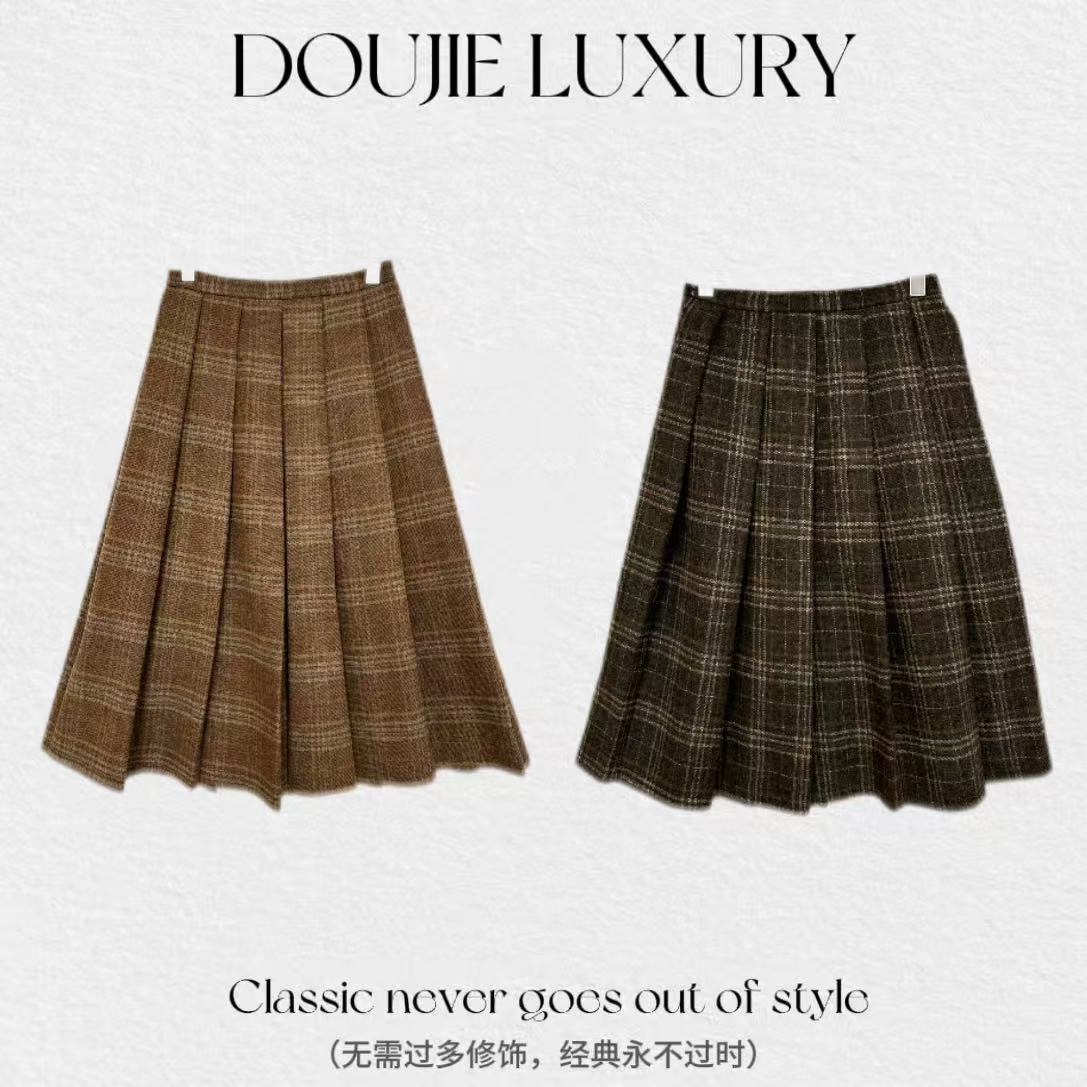 【兜兜】毛呢裙 冬季新款百搭格子显瘦A字半身百褶八分裙 井92616