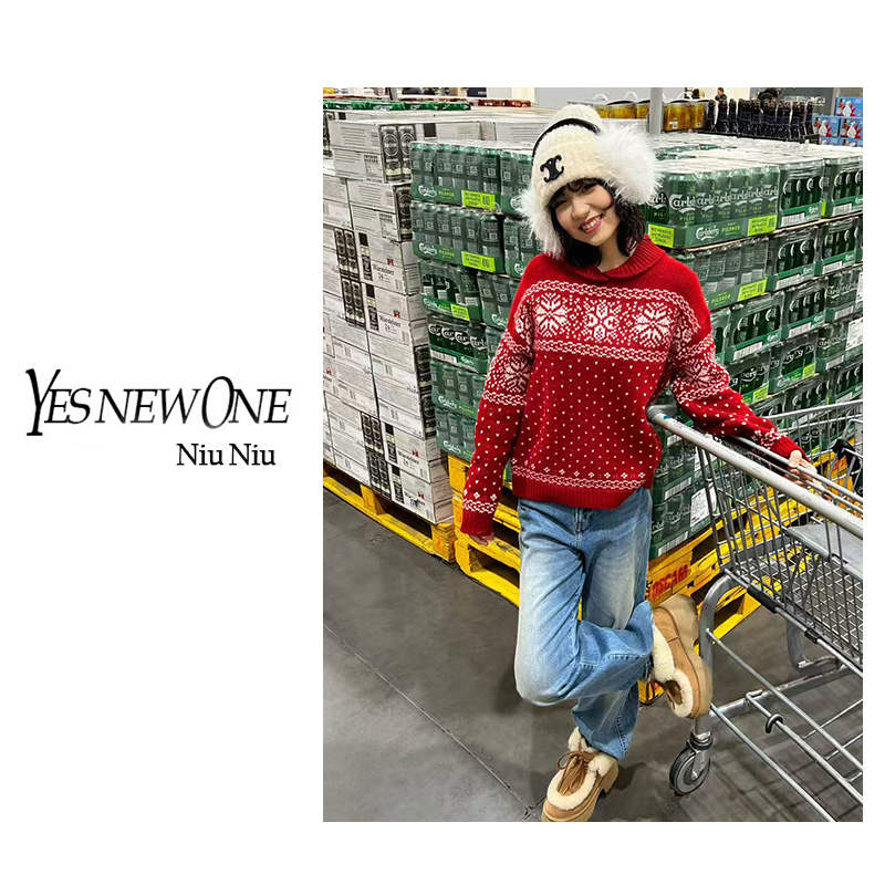 100羊毛女日系复古费尔岛秋冬立领长袖提花针织衫上衣053015