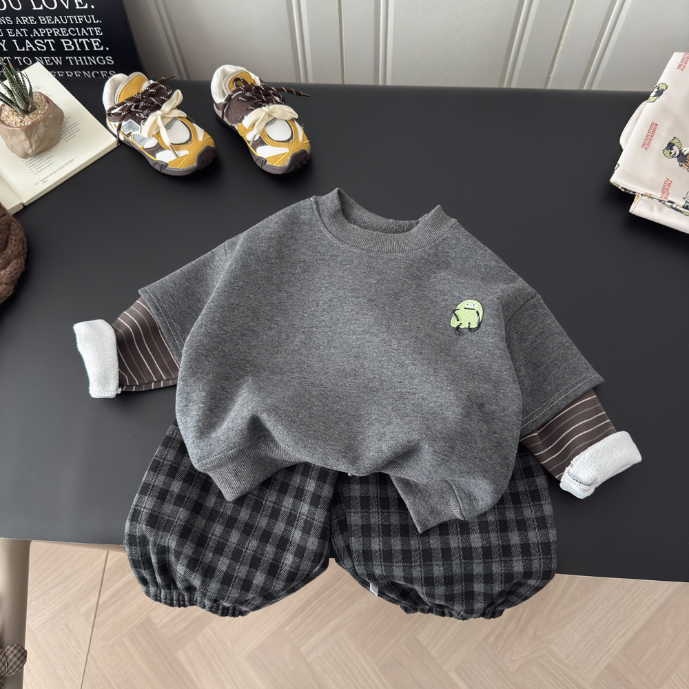 儿童加绒假两件套装2025新款男宝宝宽松上衣休闲卫裤潮