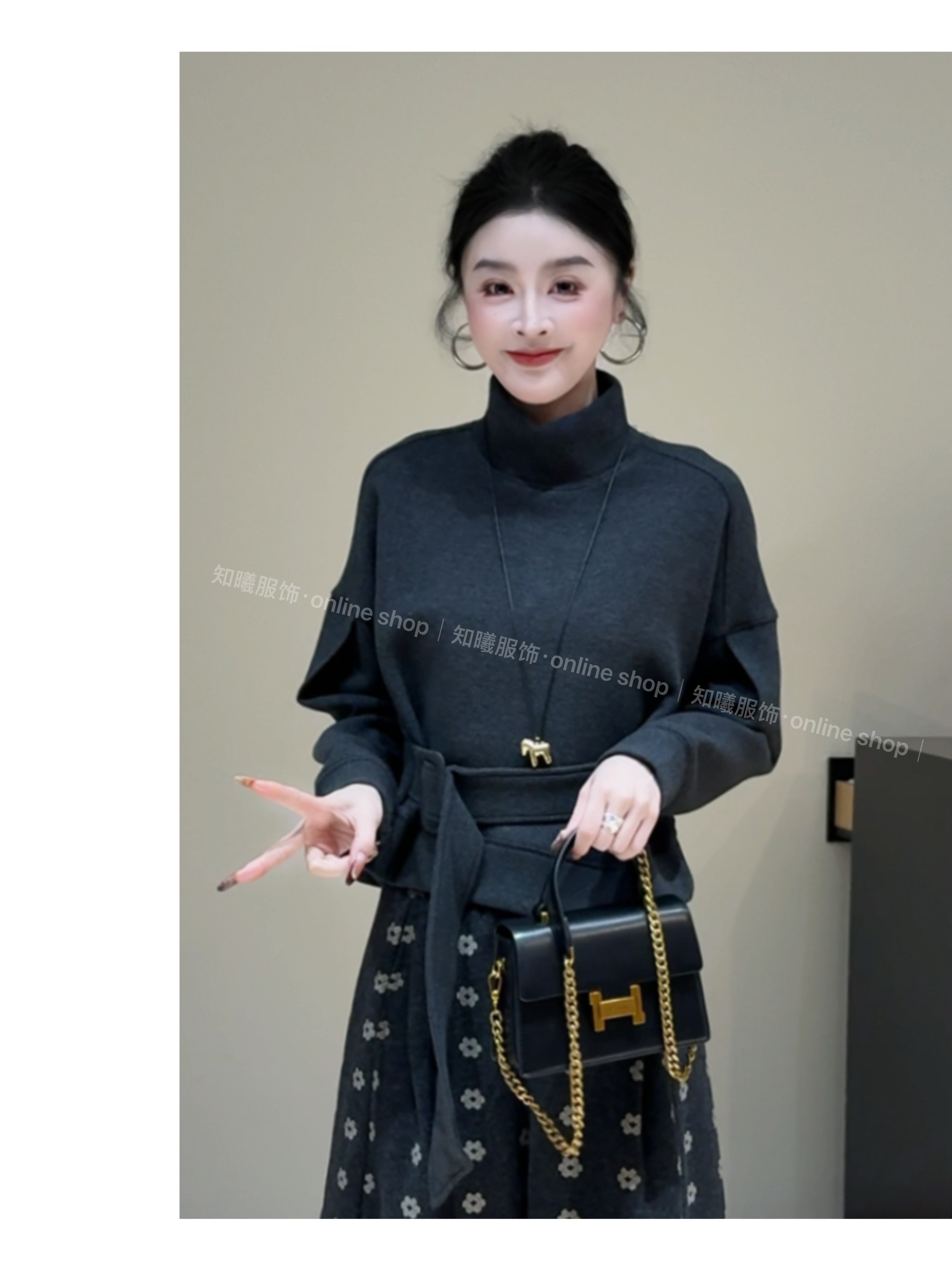 2025冬季新款设计感气质半高领加绒套头腰带收腰松紧廓形卫衣8532