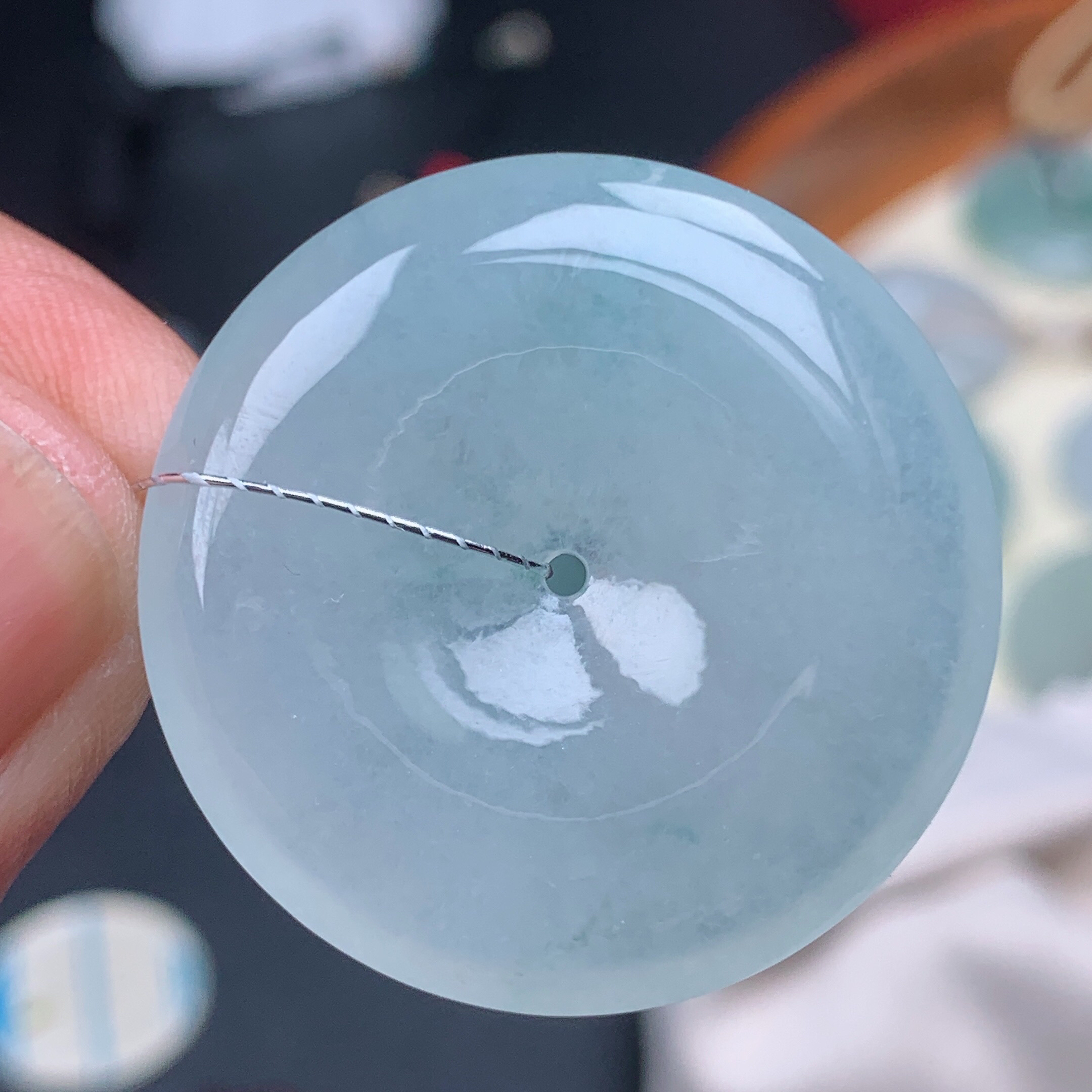 尺寸32.6-6.0mm缅甸天然A货翡翠冰飘花白月光平安扣吊坠 通透百搭