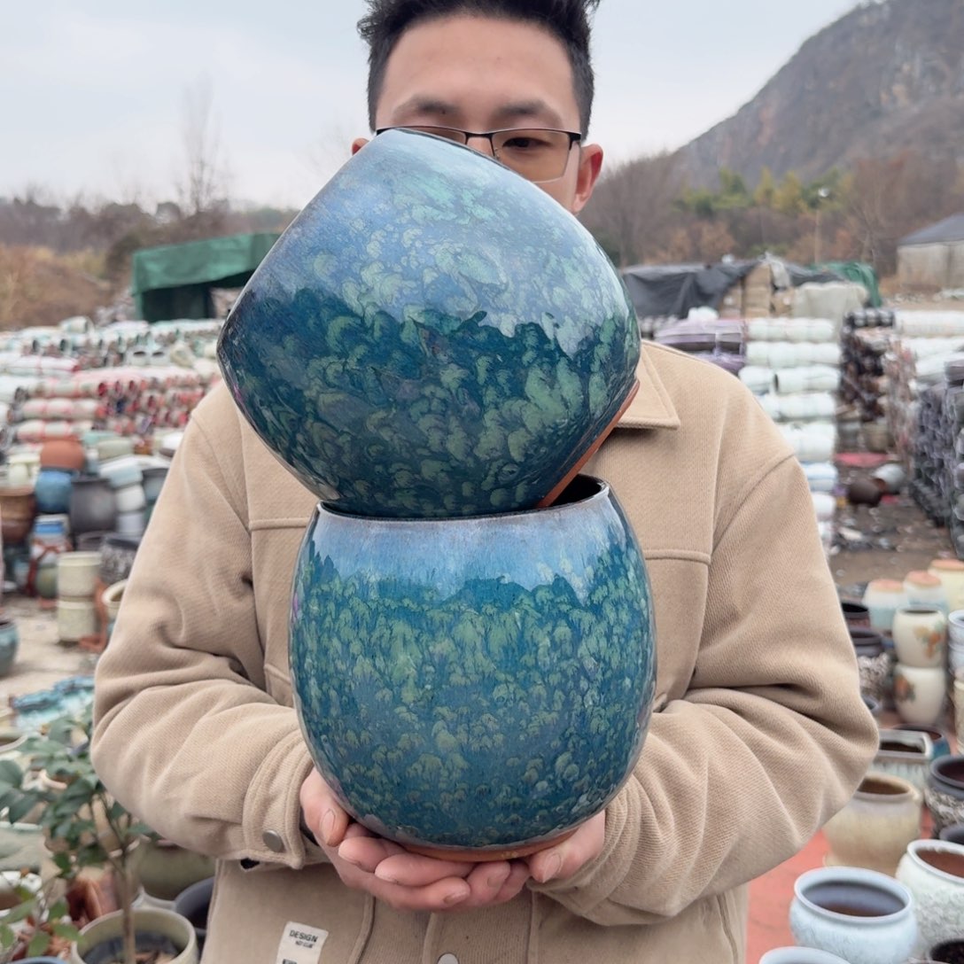 紫砂花盆口16高20（两个蛋壳雪花绿