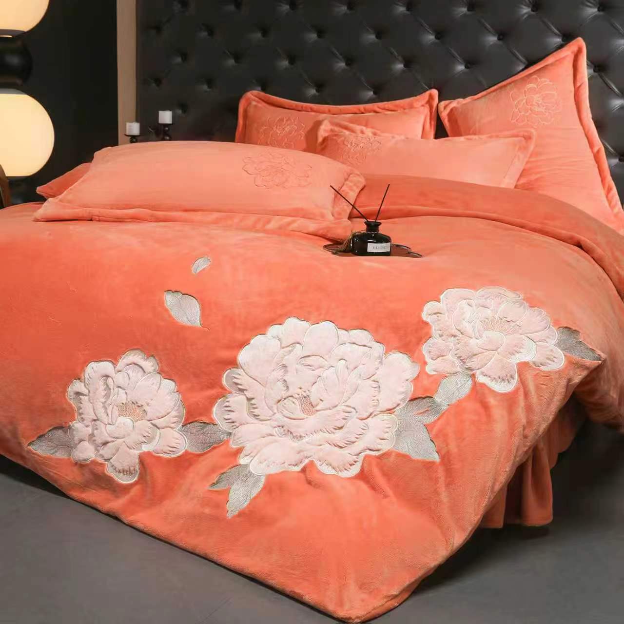 【繁花】橙轻奢绣花加厚婴肤绒绒四件套刺绣牛奶绒被套床单枕套