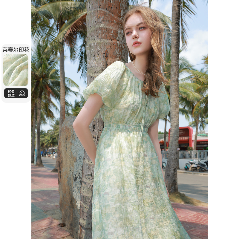 【品牌福利】三彩独醒2024夏季新款莱赛尔印花连衣裙法式碎花dbq