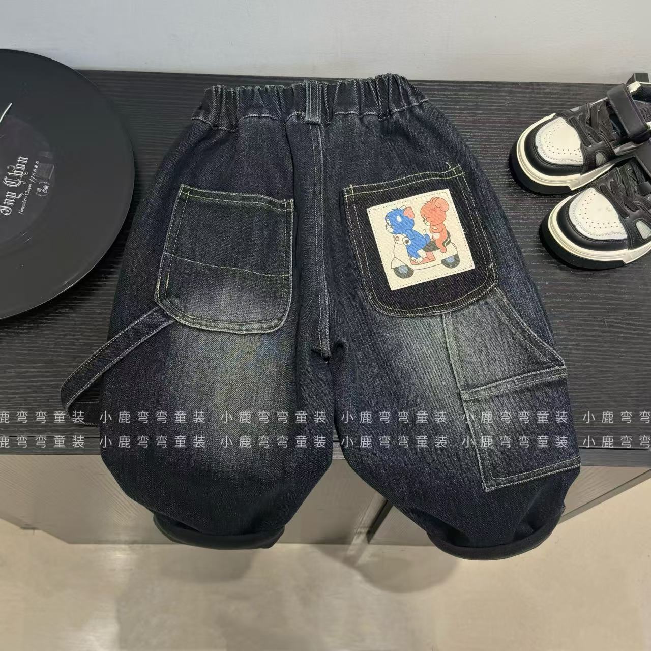 【多乐】D25026男童冬装新款儿童骑车老鼠加绒加厚一体绒牛仔裤