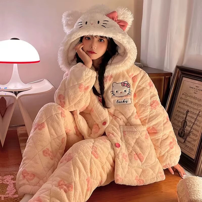 「三层加绒夹棉加厚」hellokitty女童睡衣冬女宝加厚款珊瑚绒家居服