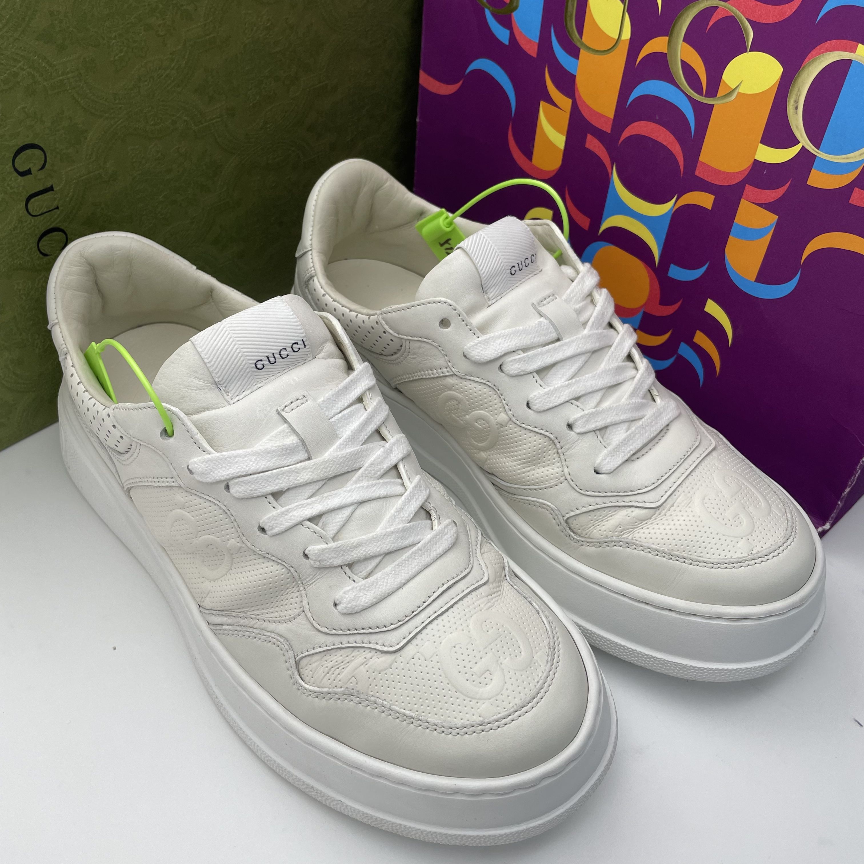 95新 GUCCI/古驰 39.5欧码/白色皮面双G浮雕厚底饼干鞋