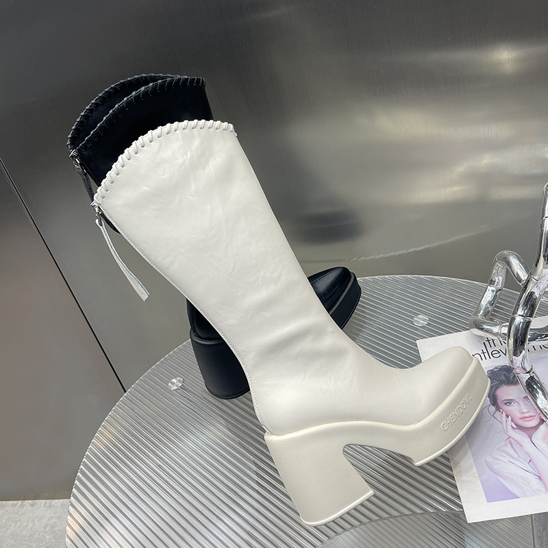 2025冬季新款尖头松糕底厚底高靴不过膝小个子增高百搭DG6217-23