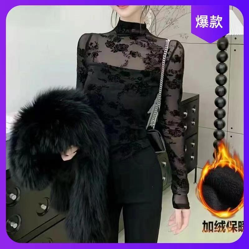 秋冬加绒欧货半高领植绒碎花蕾丝衫时尚感微透长袖打底衫2025新款