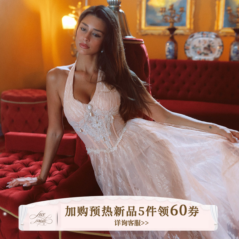 LaceMade 蕾丝情书 法式重工公主风蕾丝收腰纱裙粉色挂脖连衣裙女