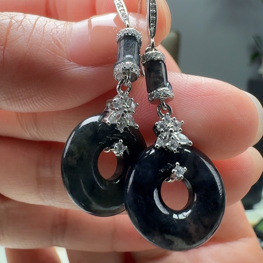 翡翠耳饰银S925镶嵌天然