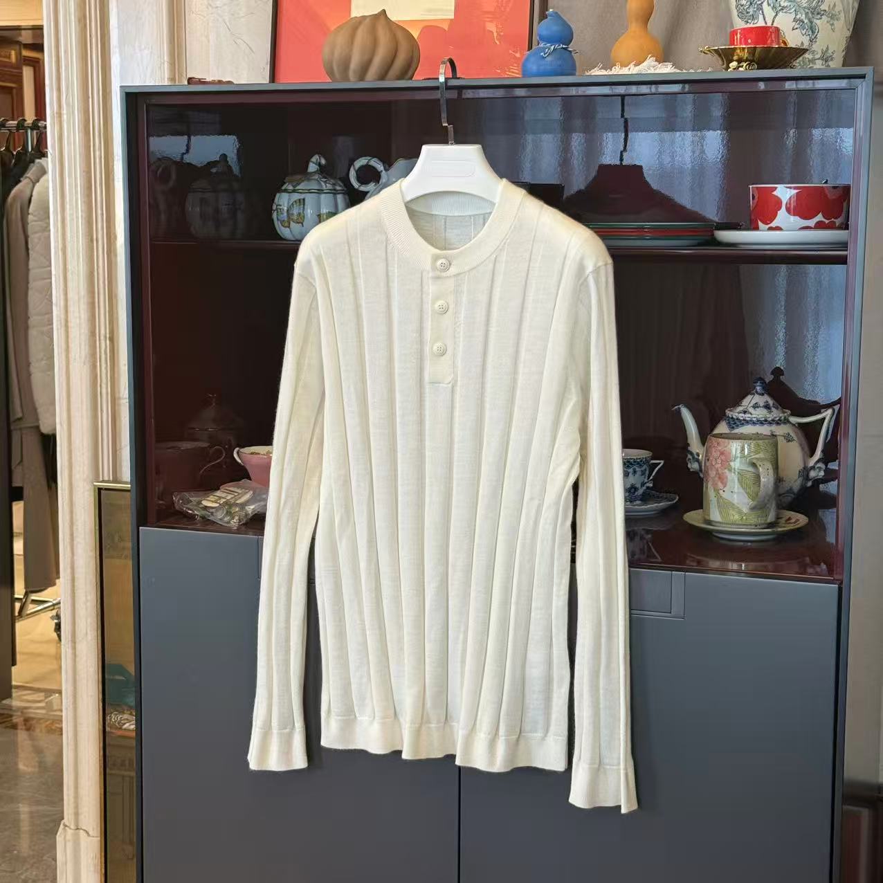 MYL 2025年秋冬新款60支羊绒针织套头衫半开扣坑条圆领长袖针织衫