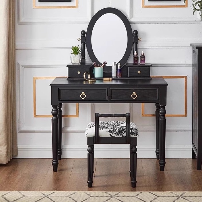 法式复古实木梳妆台小型卧室黑色妆台中古风化妆桌高级感美式家具