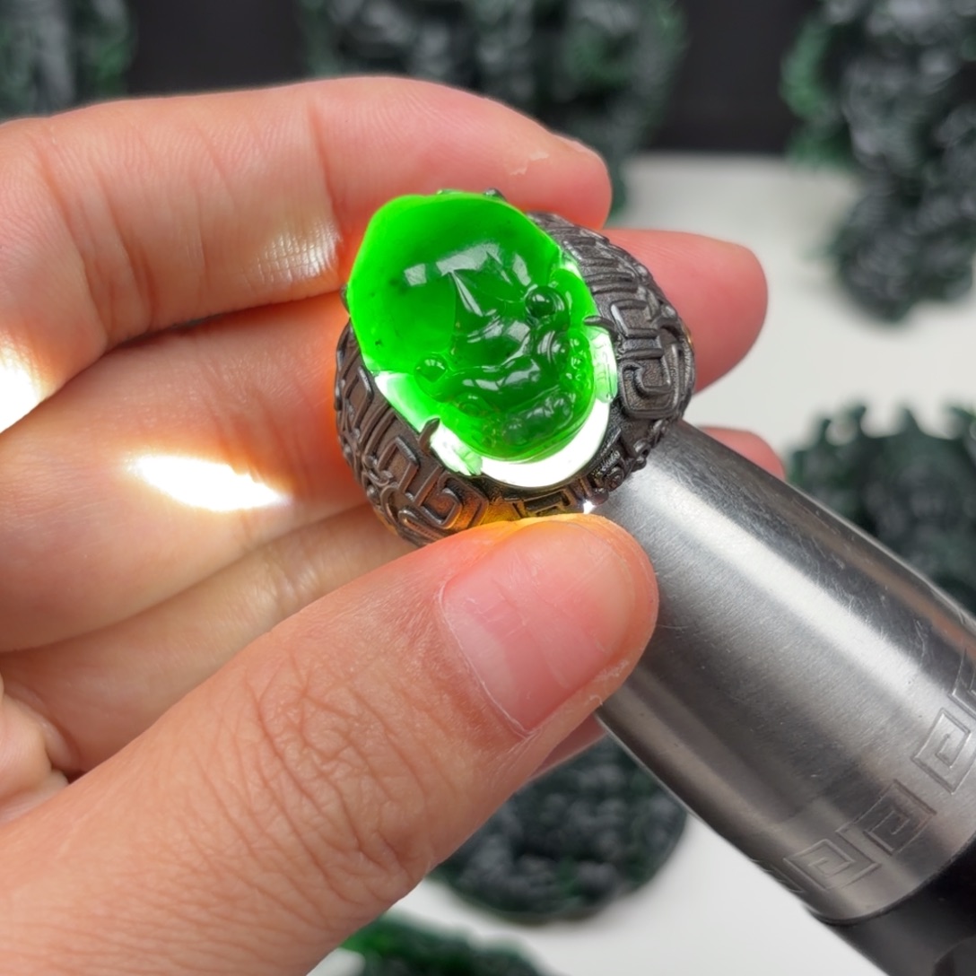 定制翡翠银S925镶嵌貔貅戒指