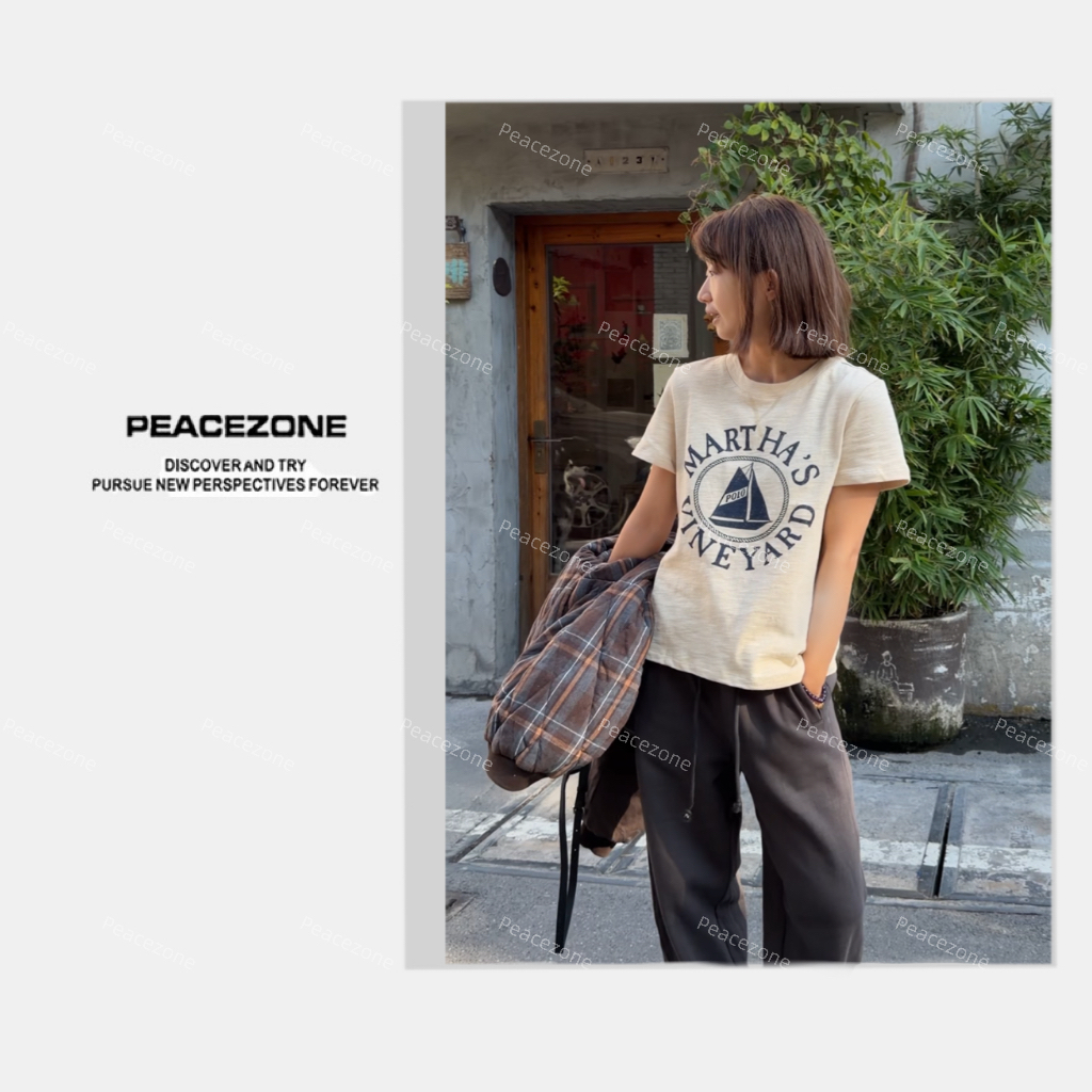 Peacezone“100长绒棉”花纱感美式复古秋冬磨毛短袖