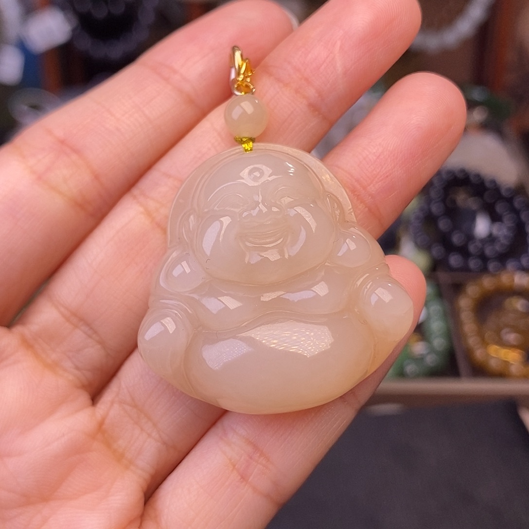 和田玉未镶嵌颈饰浓藕粉老熟料脂膏级天花板佛公