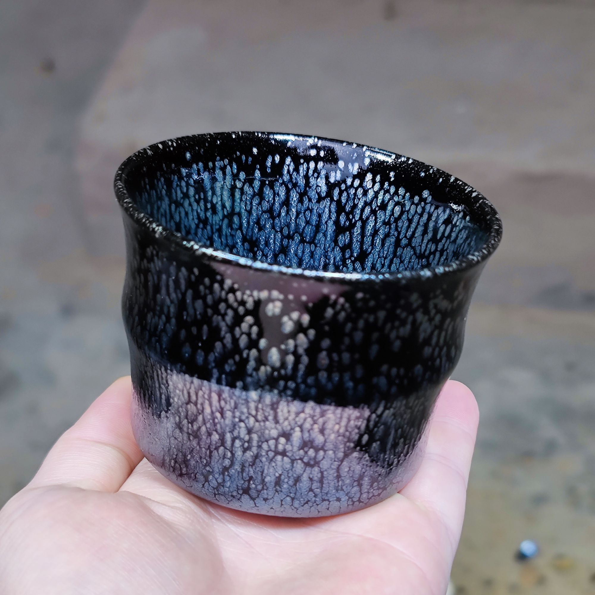  建窑--建盏 黑底银斑竹节 茶盏主人杯 电烧