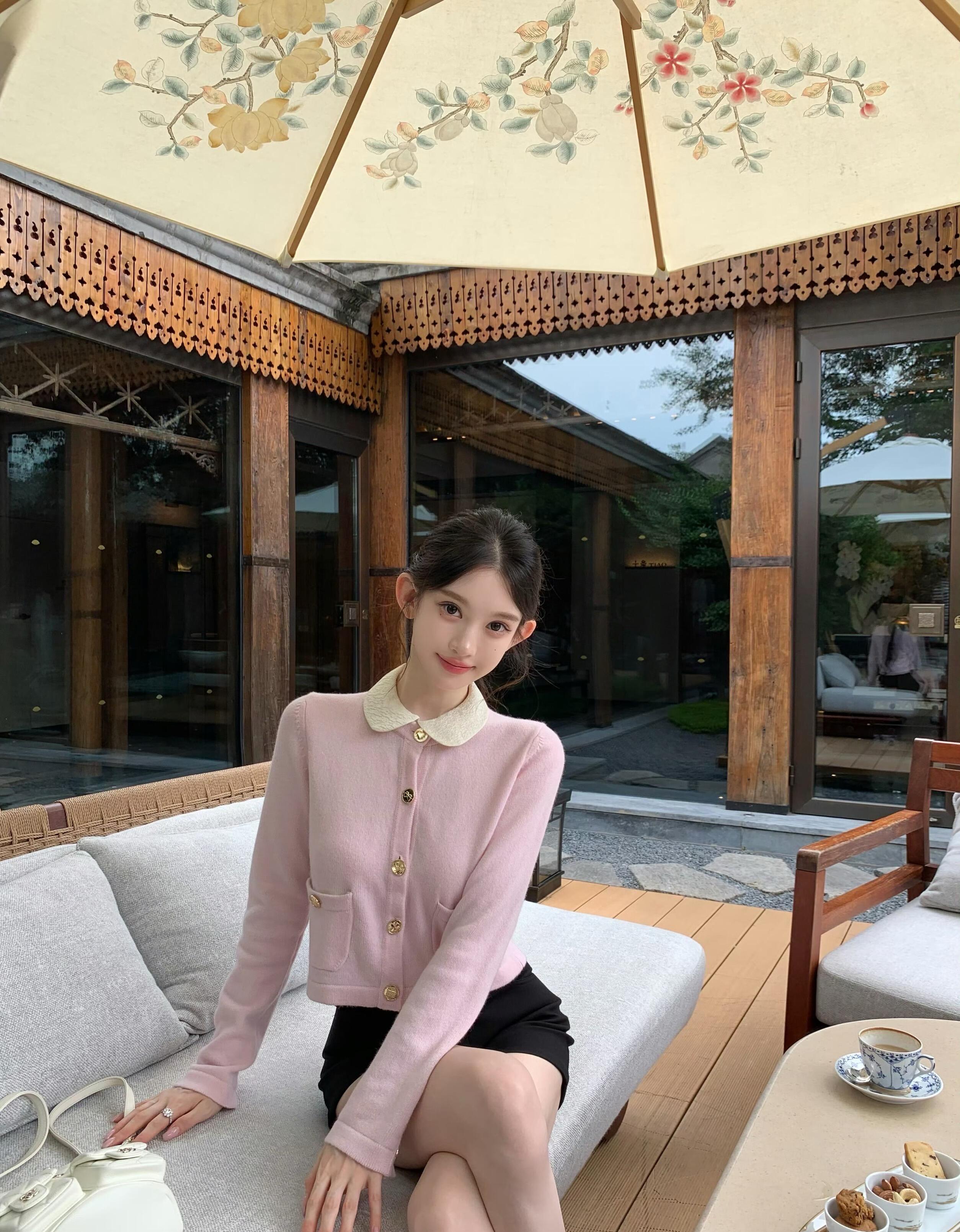 Z.25B 小香风娃娃领粉色羊绒针织开衫 千金风翻领气质减龄小外套