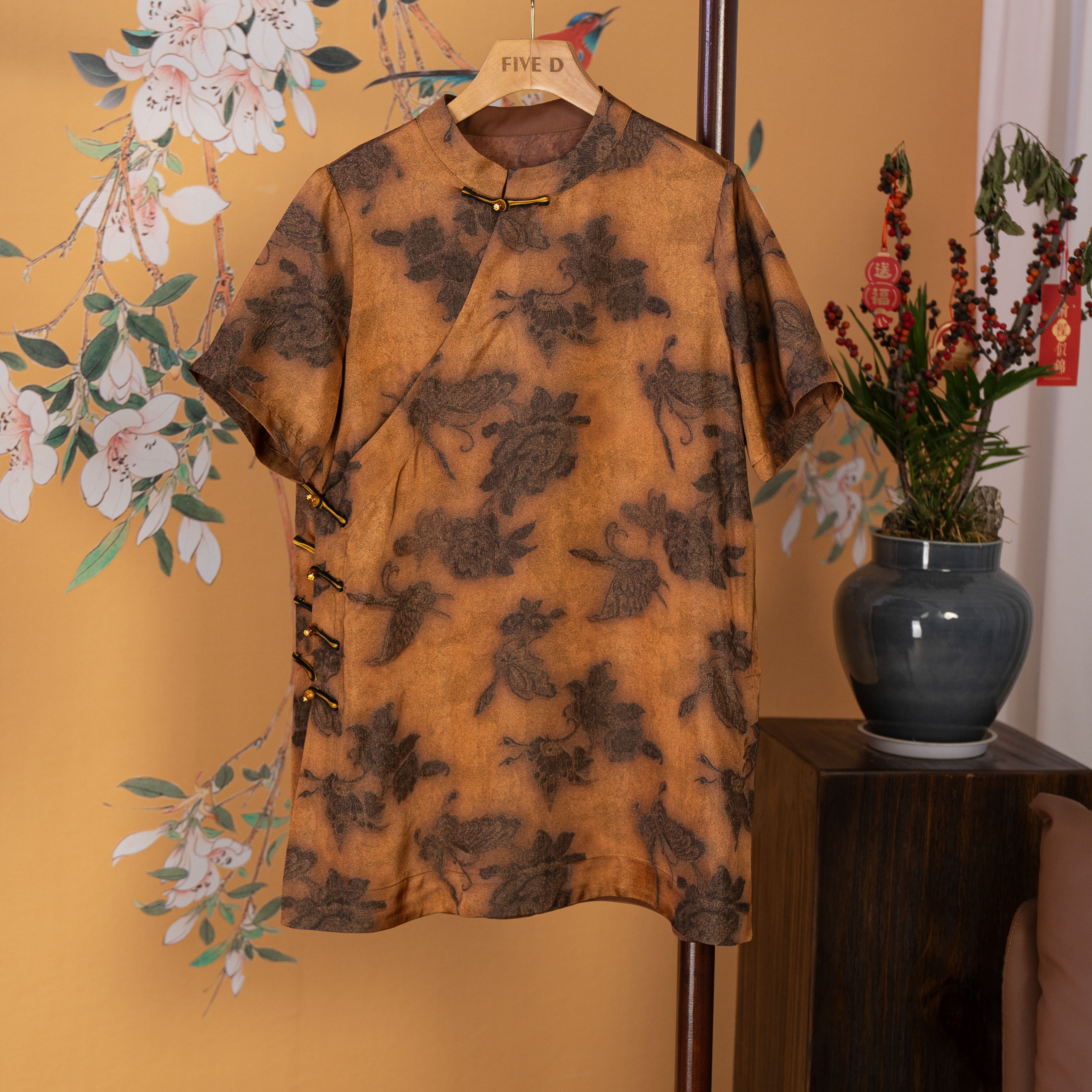 国潮新中式重磅桑蚕丝香云纱气质百搭短袖连衣裙6512871