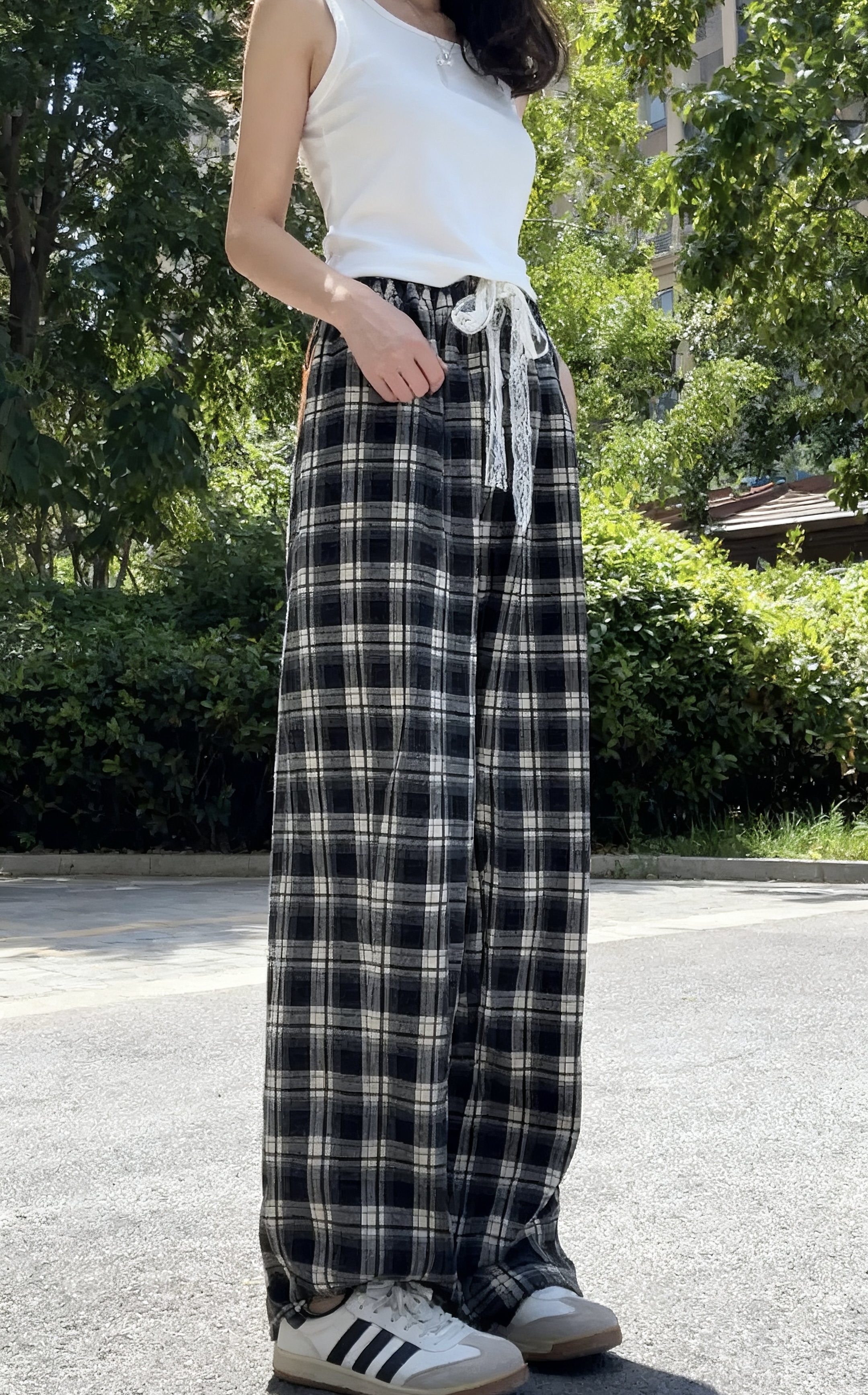 休闲裤格子休闲韩版棋盘格直筒阔腿裤显瘦运动高腰百搭
