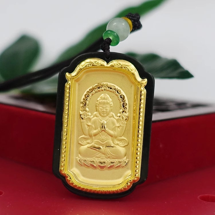 黄金镶嵌和田玉观音吊坠男女通用时尚百搭黄金手工复古精美礼物